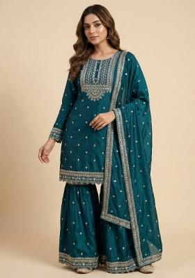 Teal Embroidered Chinon Kurta Set