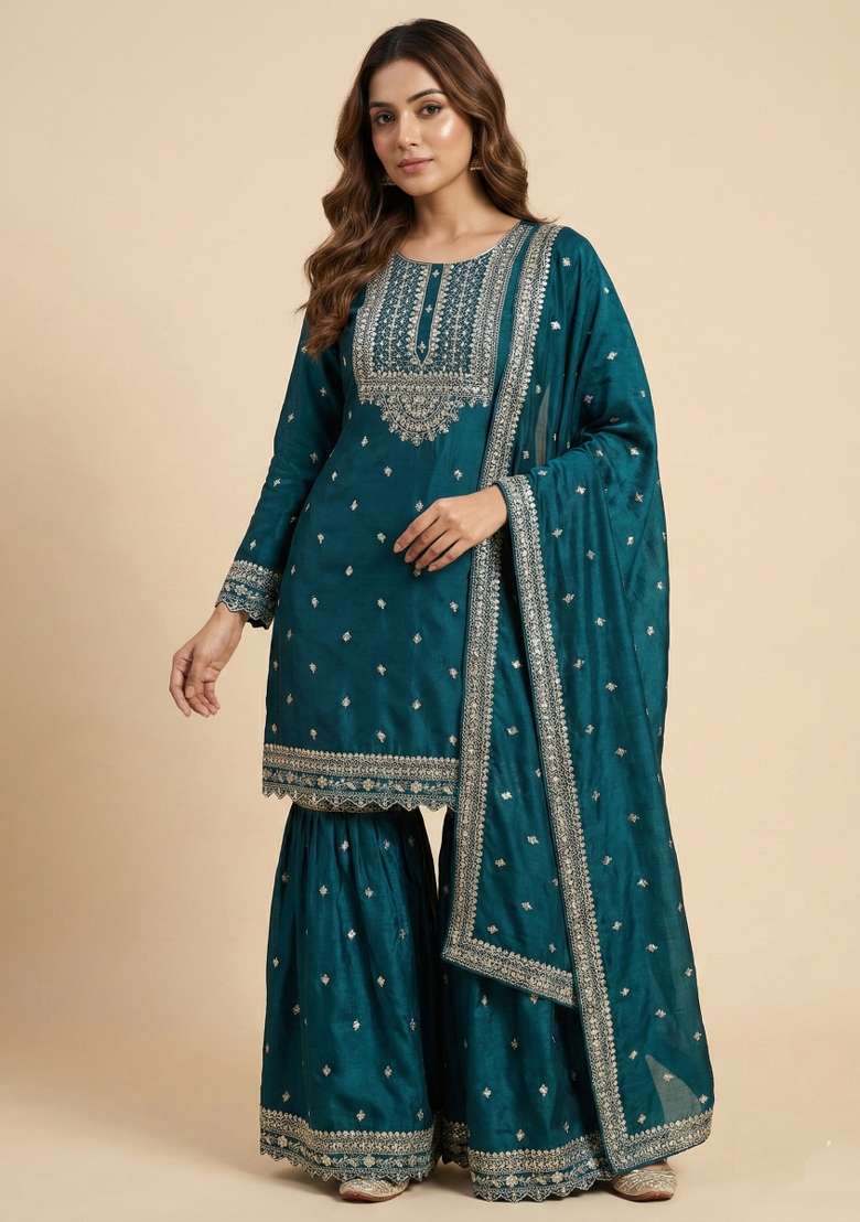 Teal Embroidered Chinon Sharara Set - Indya