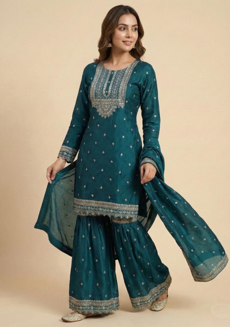 Teal Embroidered Chinon Kurta Set - Indya
