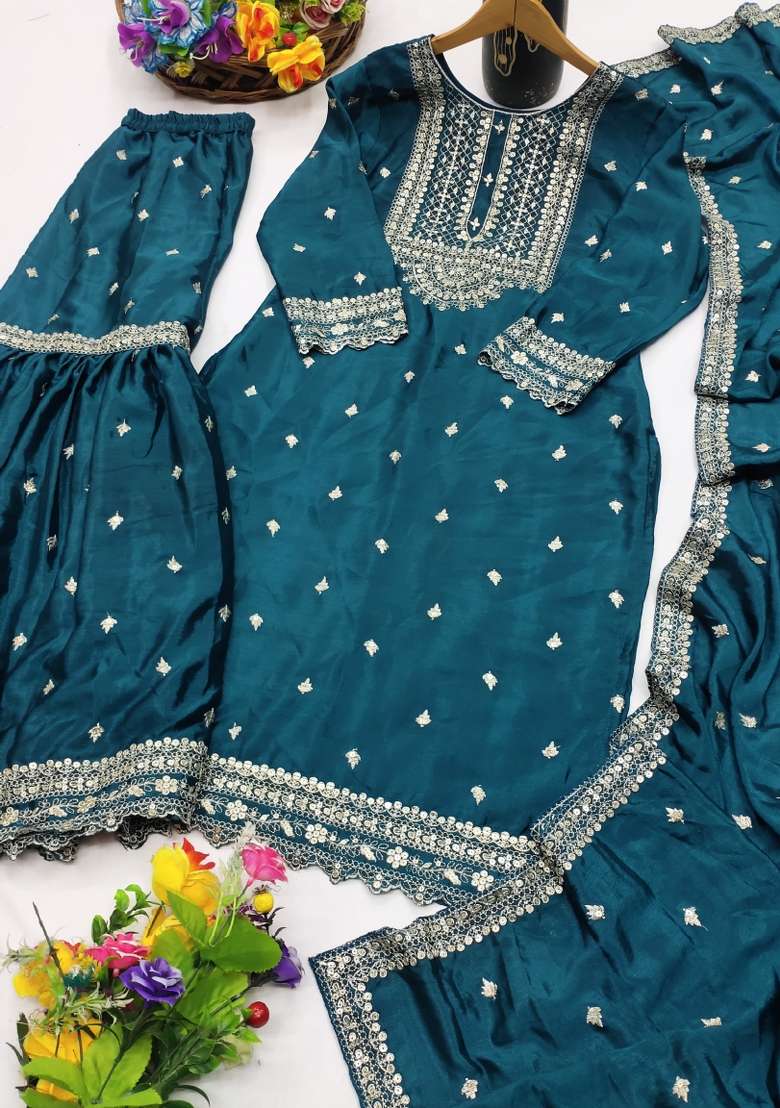 Teal Embroidered Chinon Sharara Set - Indya