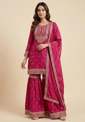 Pink Embroidered Chinon Kurta Set