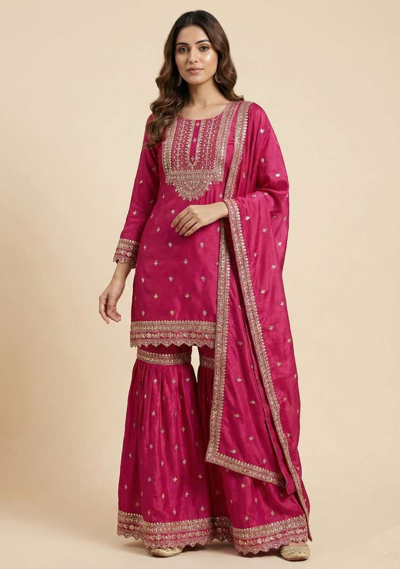 Pink Embroidered Chinon Sharara Set - Indya