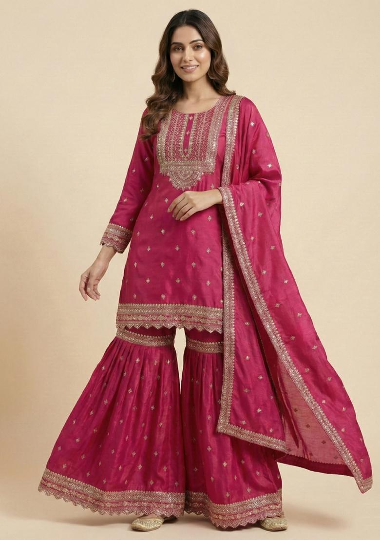 Pink Embroidered Chinon Kurta Set - Indya