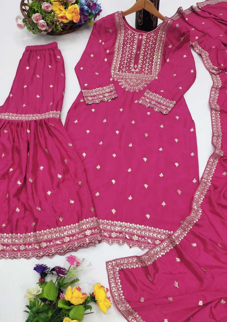 Pink Embroidered Chinon Sharara Set - Indya