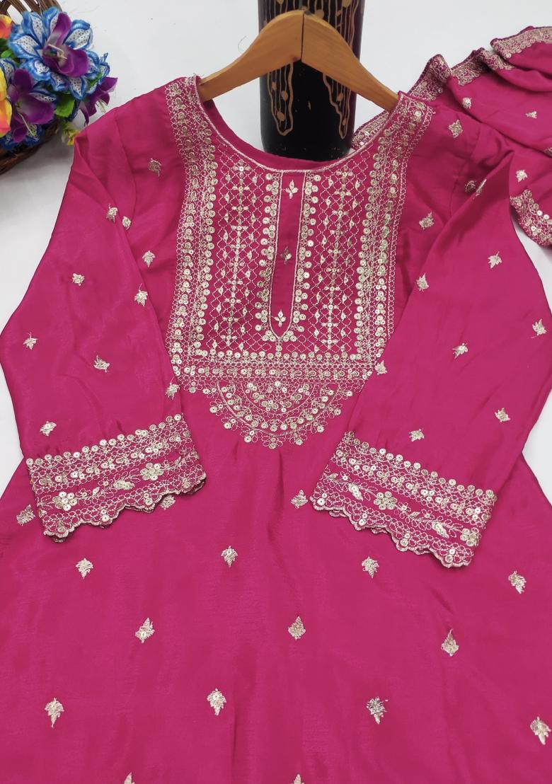 Pink Embroidered Chinon Kurta Set - Indya