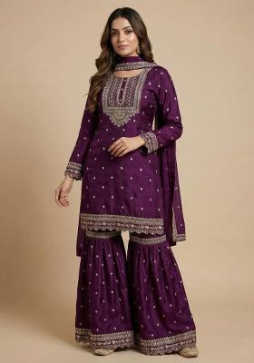 Purple Embroidered Chinon Kurta Set