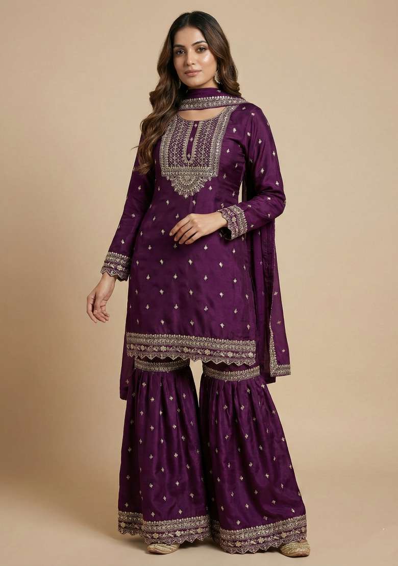 Purple Embroidered Chinon Sharara Set - Indya