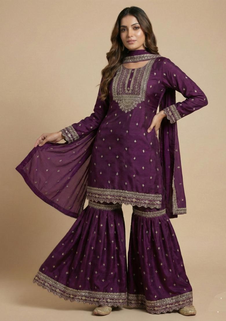 Purple Embroidered Chinon Kurta Set - Indya