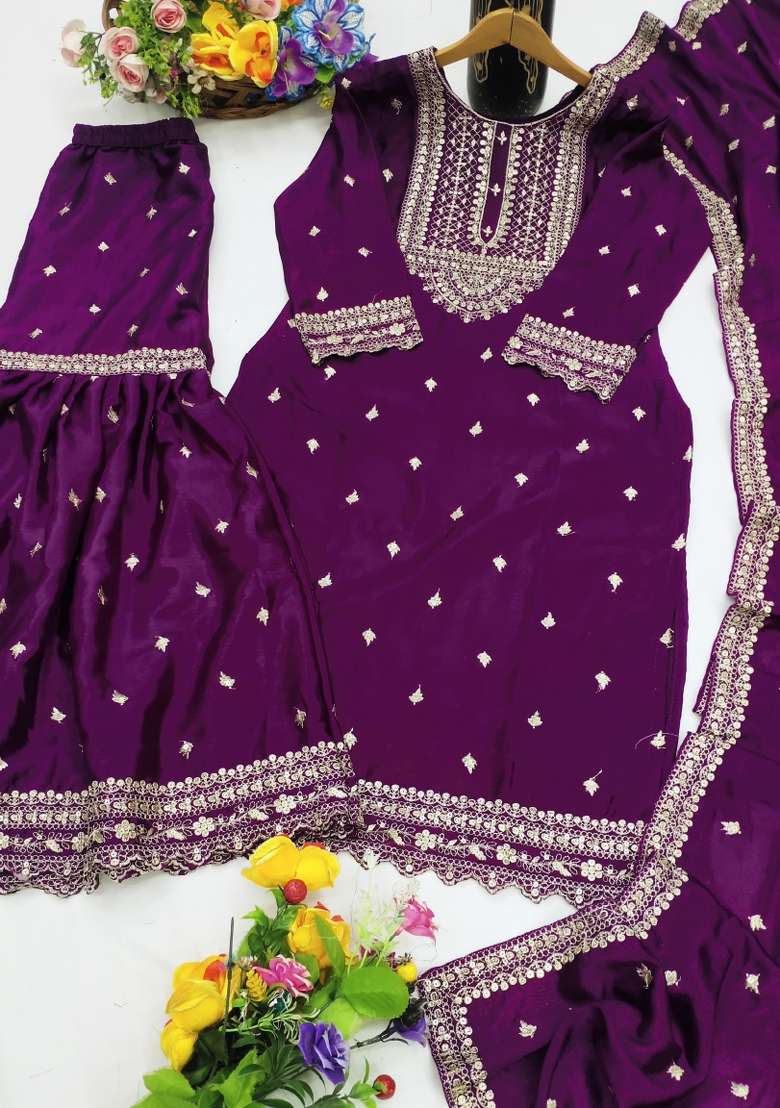 Purple Embroidered Chinon Sharara Set - Indya