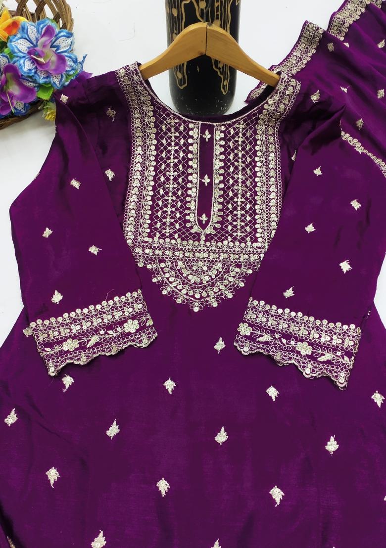 Purple Embroidered Chinon Kurta Set - Indya
