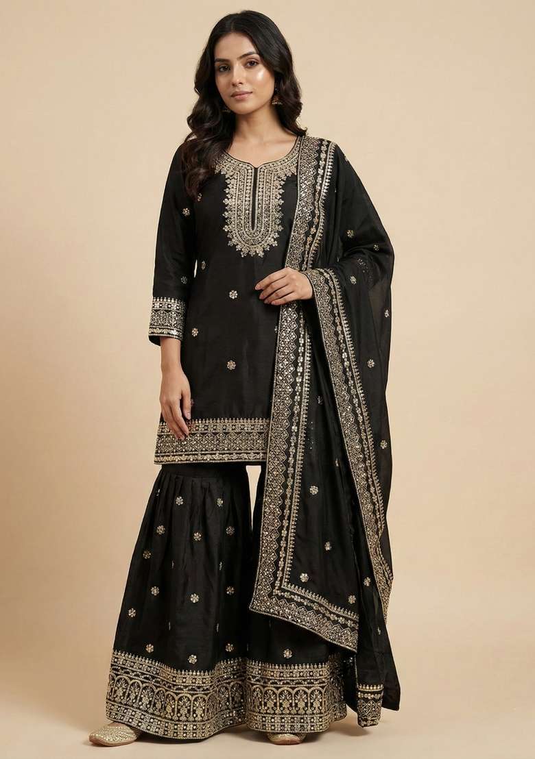 Black Embroidered Chinon Sharara Set - Indya