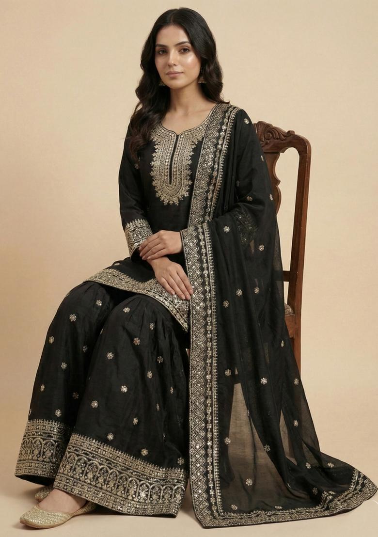 Black Embroidered Chinon Kurta Set - Indya