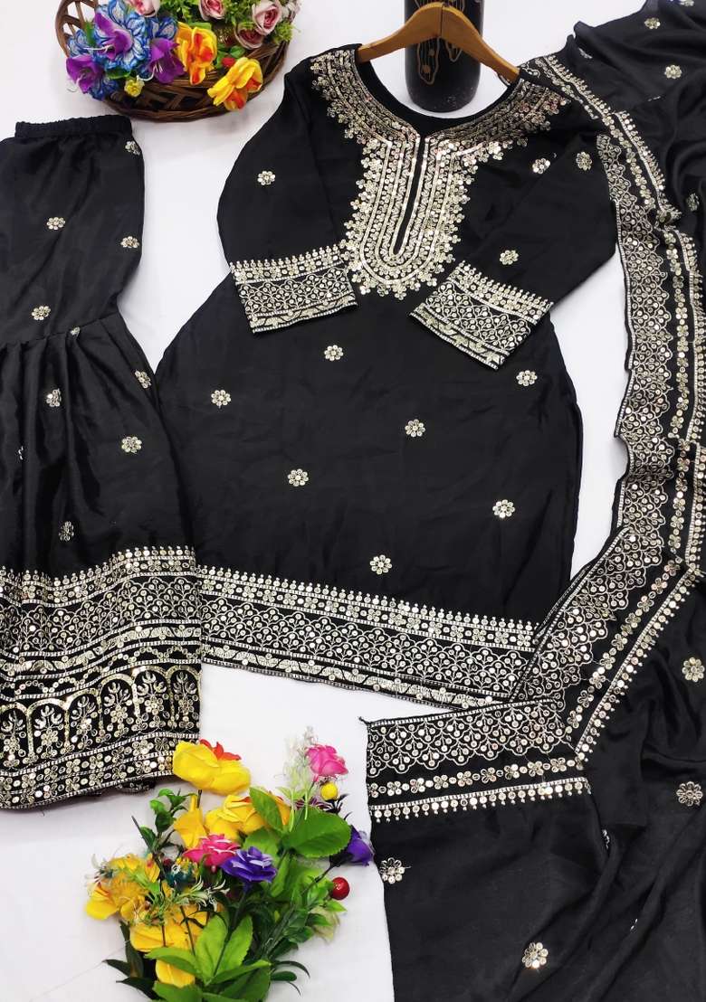 Black Embroidered Chinon Sharara Set - Indya