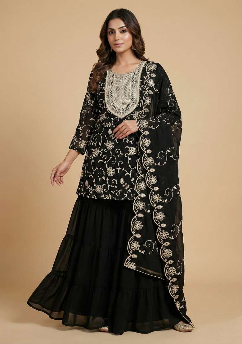 Black Embroidered Georgette Sharara Set - Indya