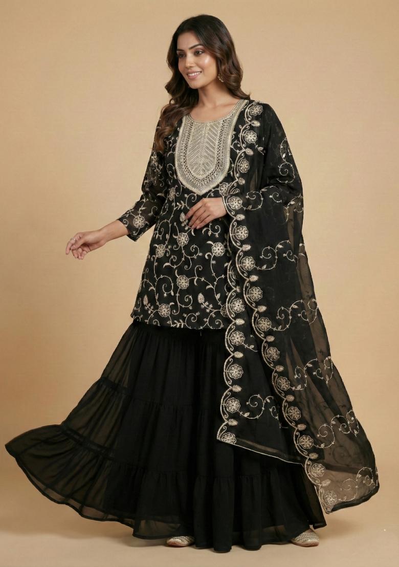 Black Embroidered Georgette Kurta Set - Indya