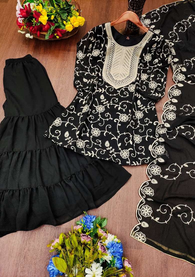 Black Embroidered Georgette Sharara Set - Indya