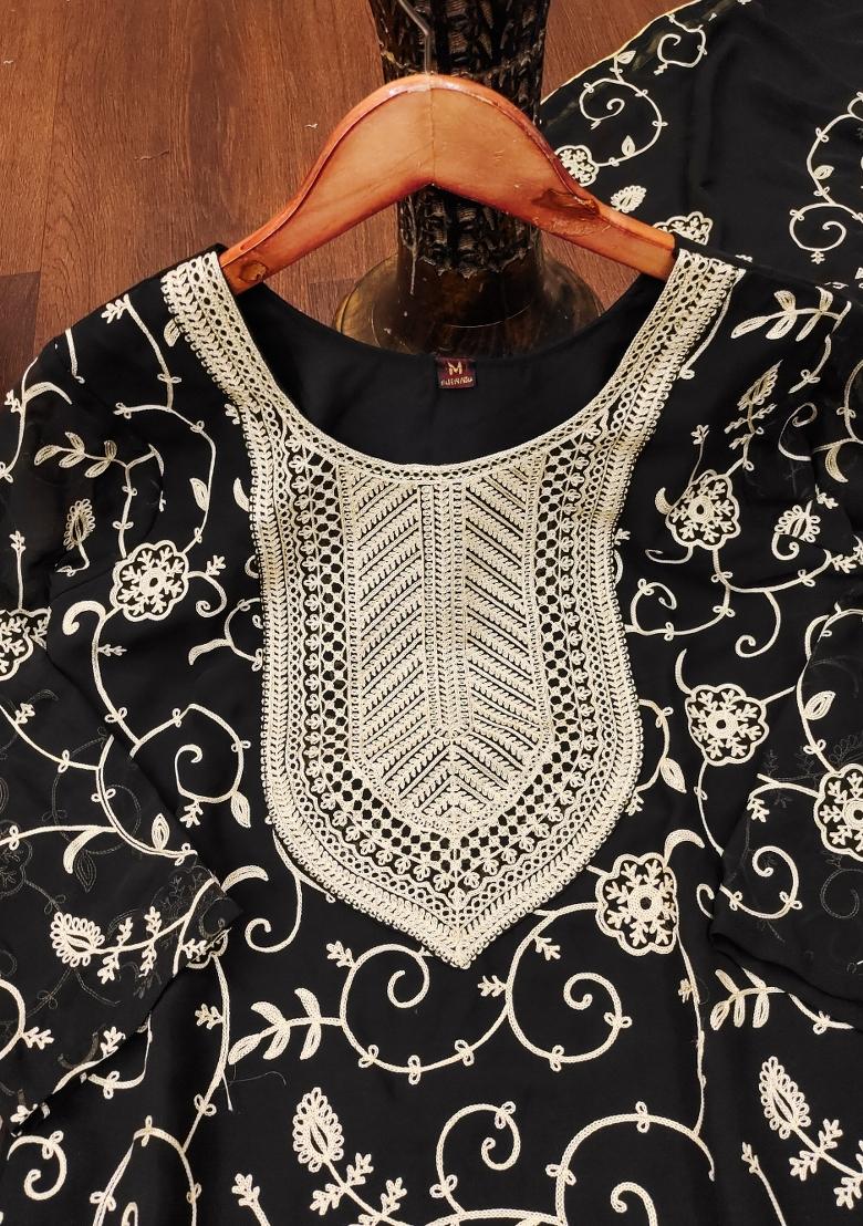 Black Embroidered Georgette Kurta Set - Indya