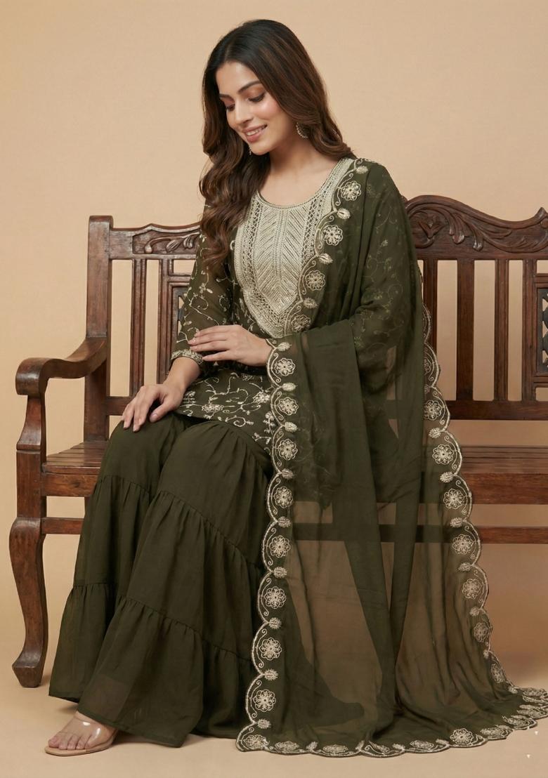 Mehendi Green Embroidered Georgette Kurta Set - Indya