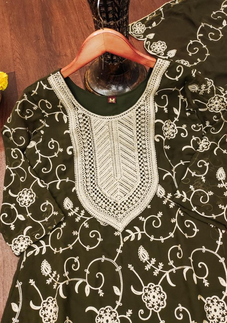 Mehendi Green Embroidered Georgette Kurta Set - Indya