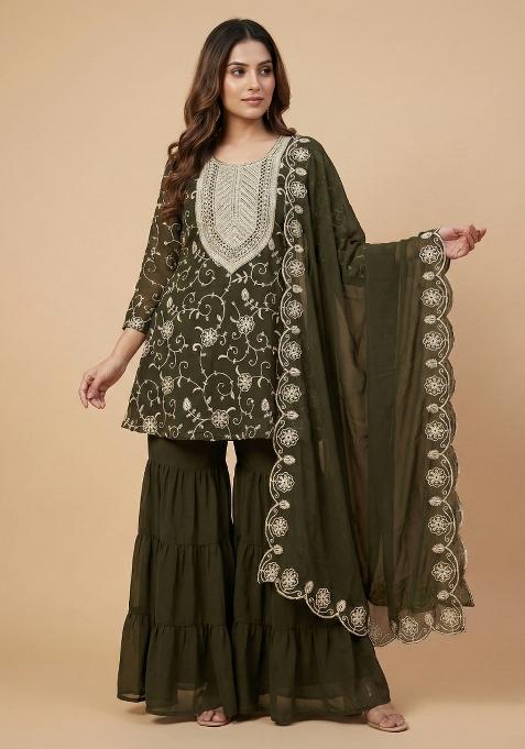 Mehendi Green Embroidered Georgette Kurta Set