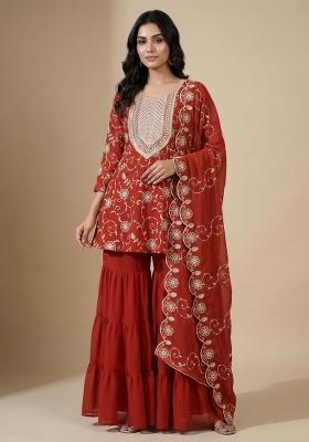 Orange Embroidered Georgette Kurta Set