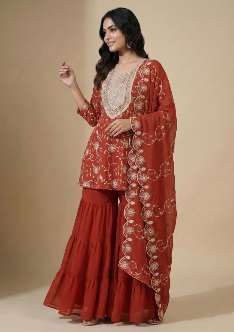 Orange Embroidered Georgette Kurta Set - Indya