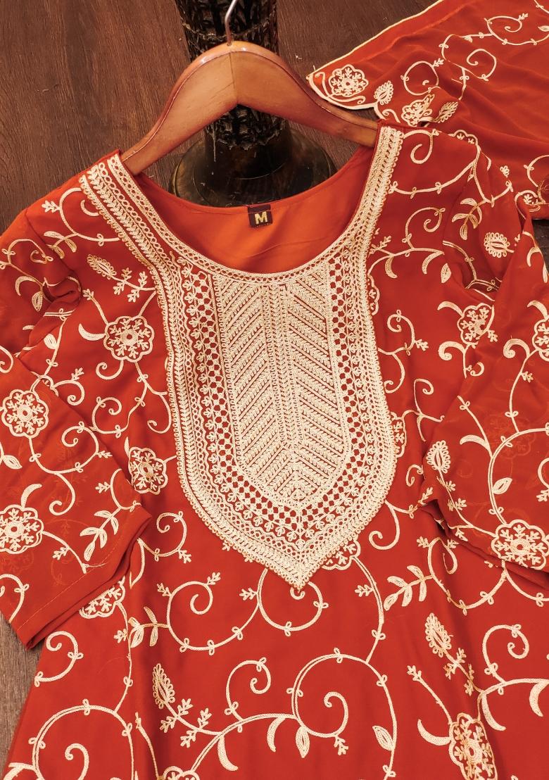 Orange Embroidered Georgette Kurta Set - Indya