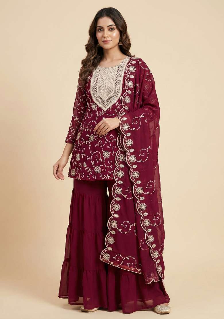 Pink Embroidered Georgette Sharara Set - Indya