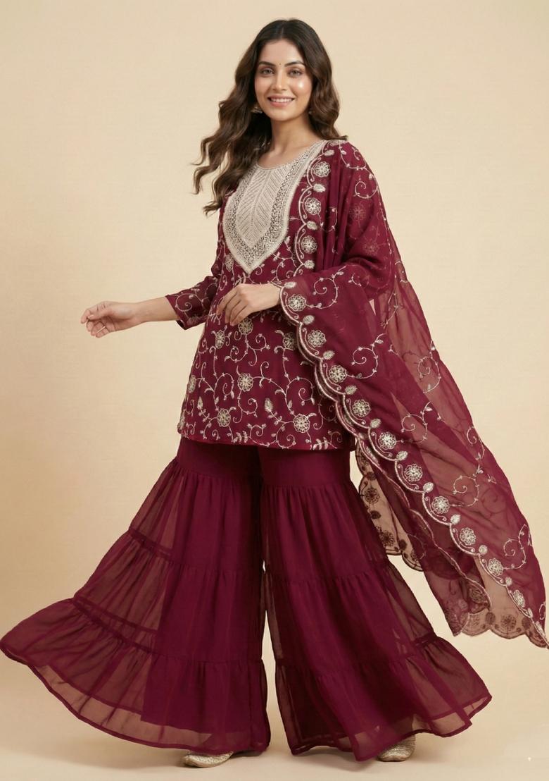 Pink Embroidered Georgette Kurta Set - Indya