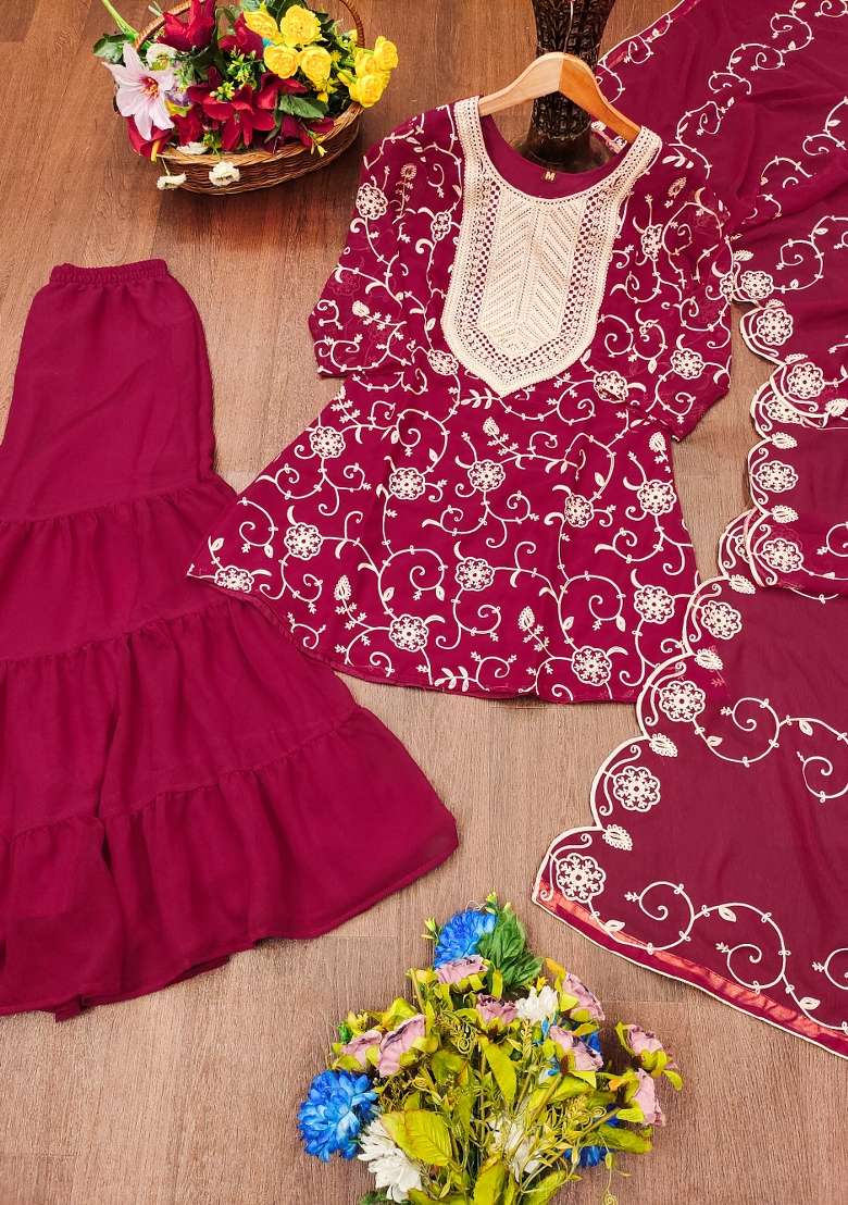 Pink Embroidered Georgette Sharara Set - Indya