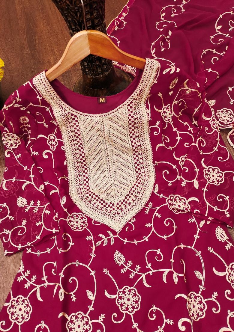 Pink Embroidered Georgette Kurta Set - Indya