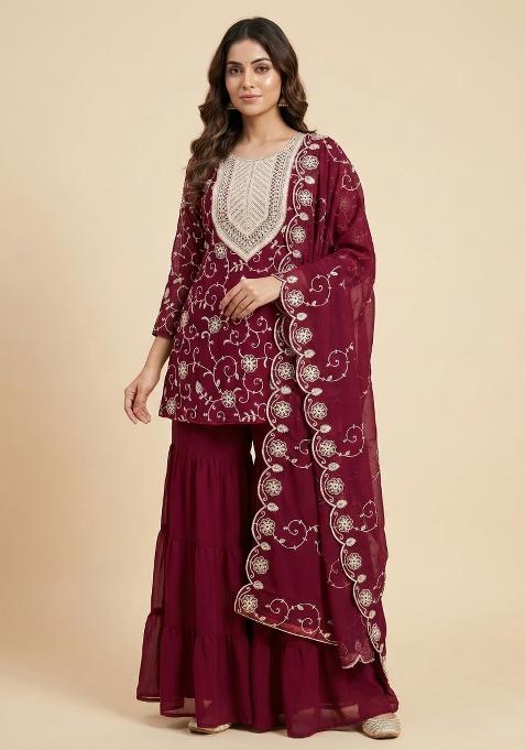 Pink Embroidered Georgette Kurta Set