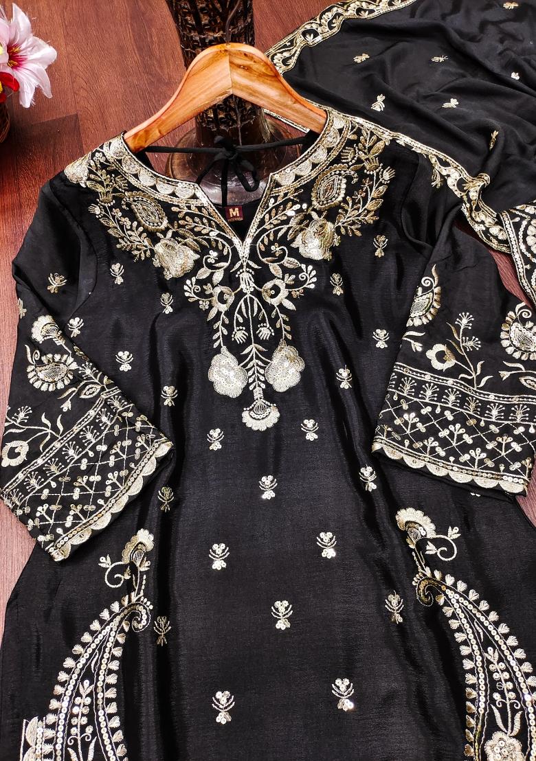 Black Embroidered Chinon Kurta Set - Indya