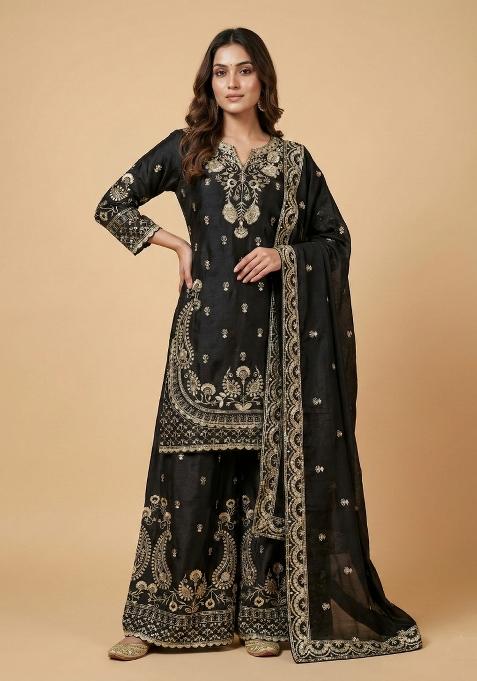 Black Embroidered Chinon Kurta Set