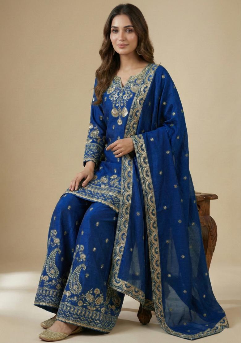 Blue Embroidered Chinon Kurta Set - Indya