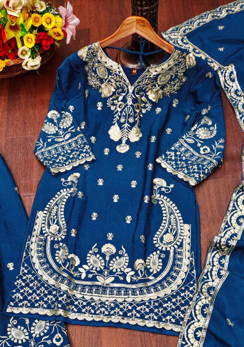 Blue Embroidered Chinon Kurta Set - Indya