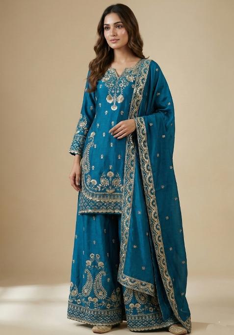 Blue Embroidered Chinon Kurta Set