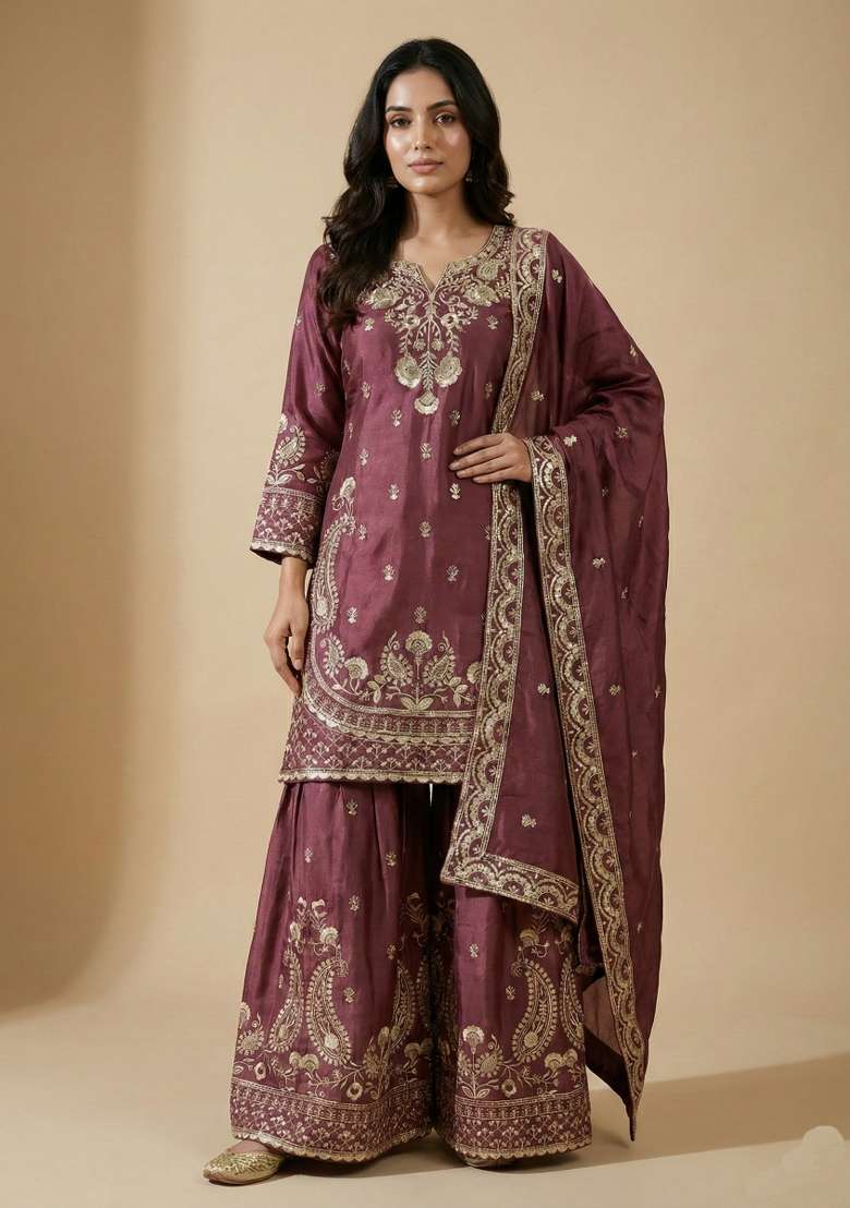 Pink Embroidered Chinon Sharara Set - Indya