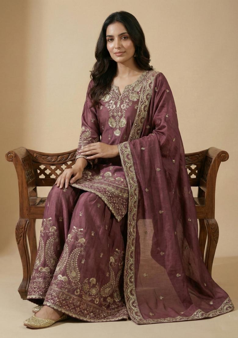 Pink Embroidered Chinon Kurta Set - Indya