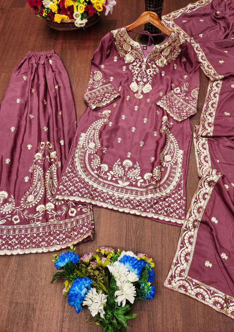Pink Embroidered Chinon Sharara Set - Indya