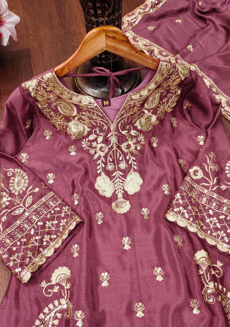 Pink Embroidered Chinon Kurta Set - Indya