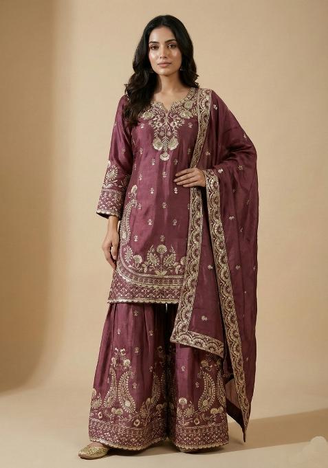 Pink Embroidered Chinon Kurta Set