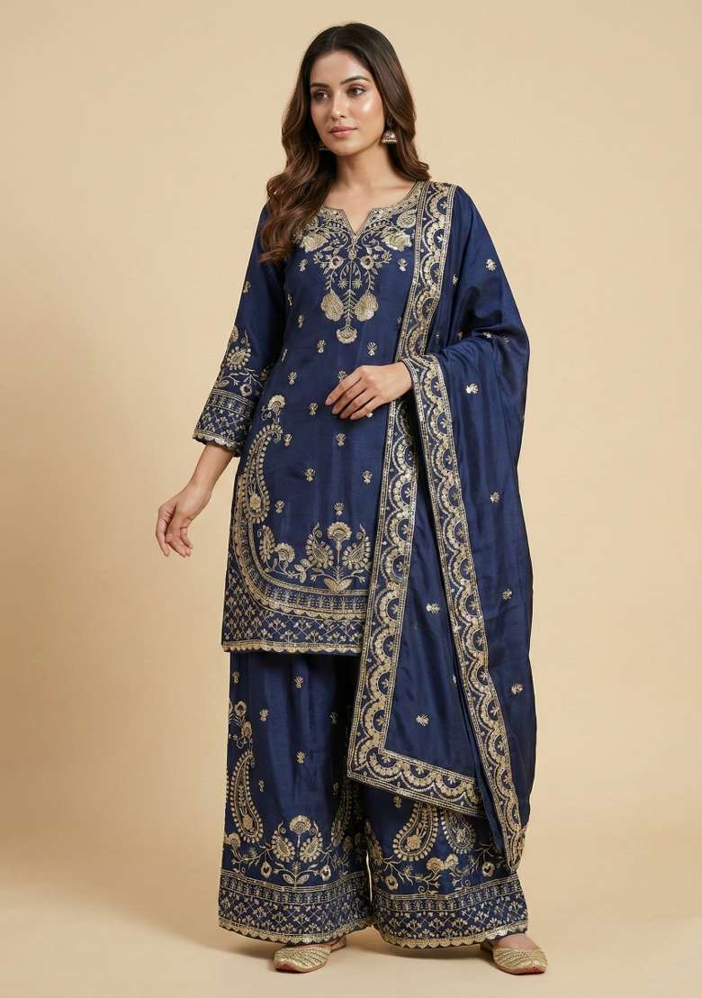 Navy Blue Embroidered Chinon Sharara Set - Indya