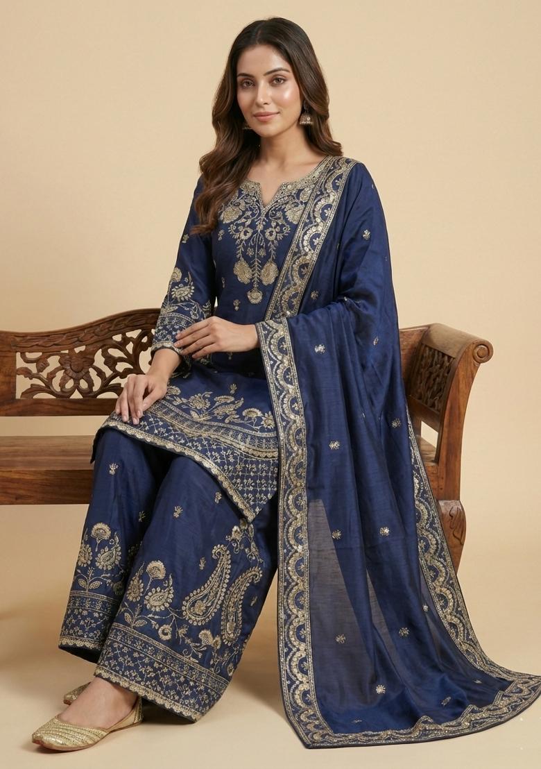 Navy Blue Embroidered Chinon Kurta Set - Indya
