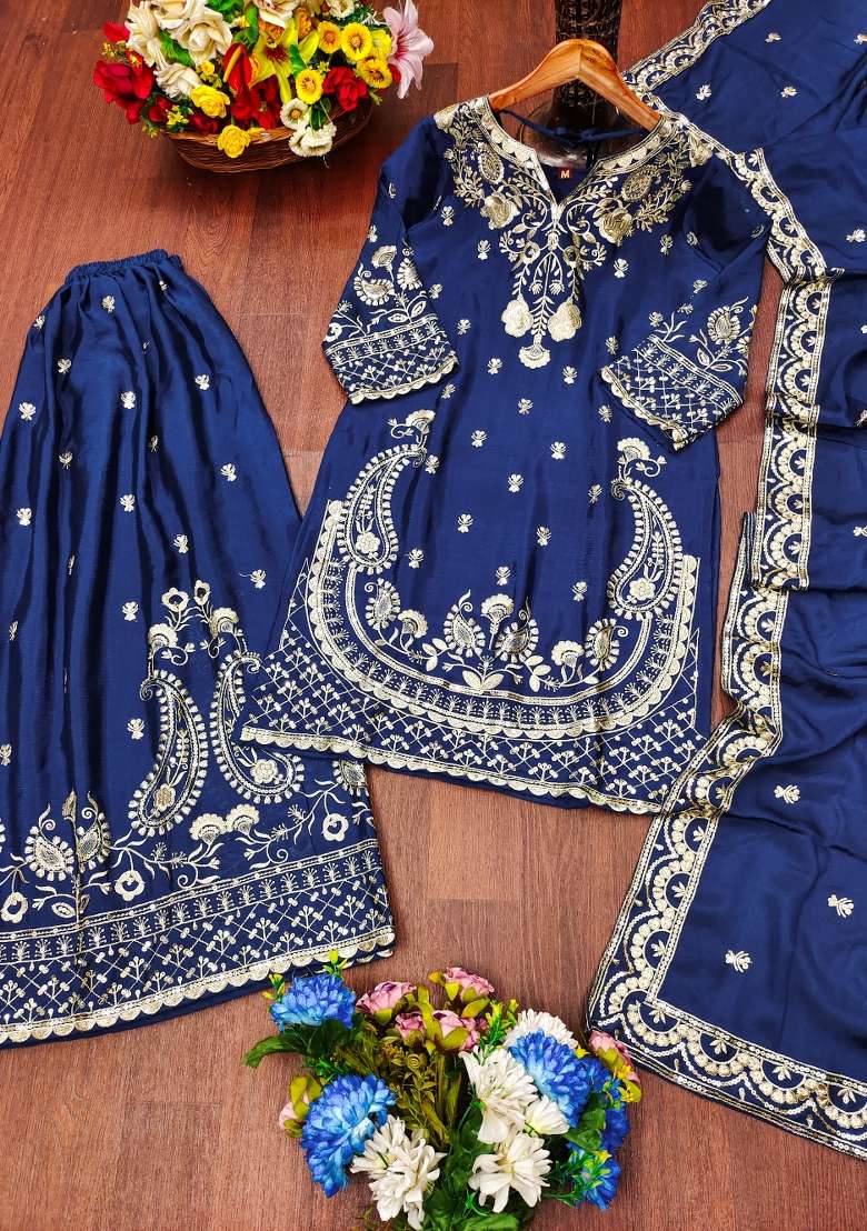 Navy Blue Embroidered Chinon Sharara Set - Indya