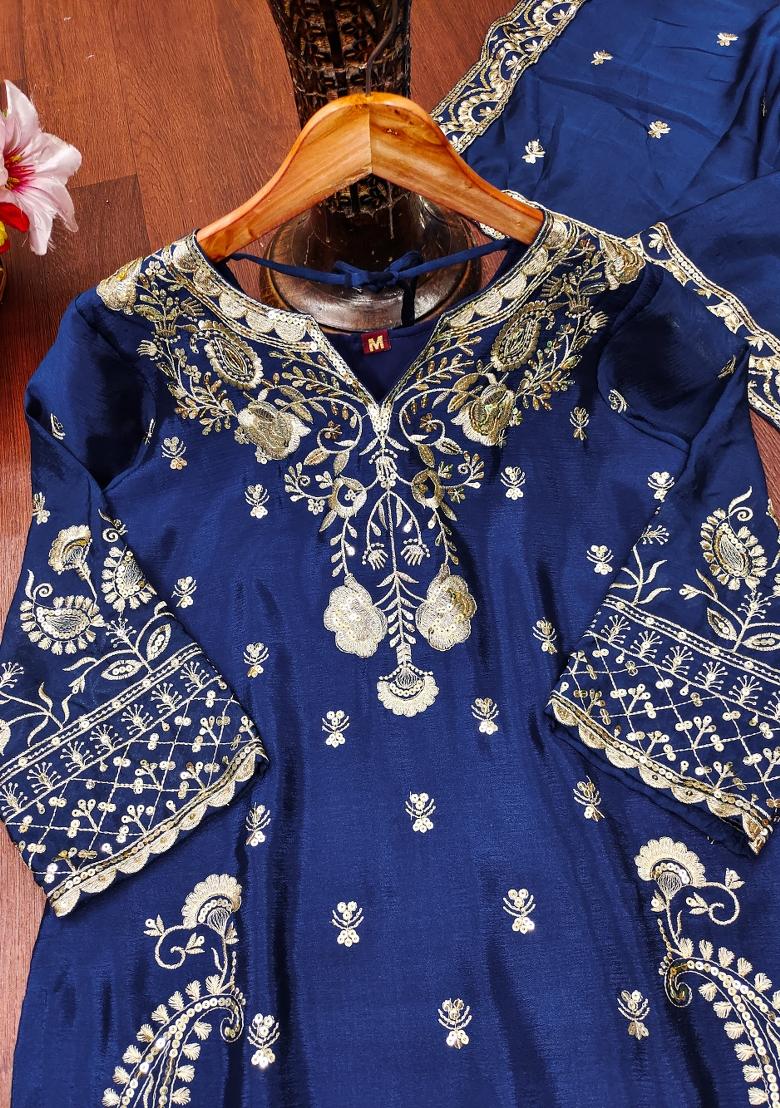 Navy Blue Embroidered Chinon Kurta Set - Indya