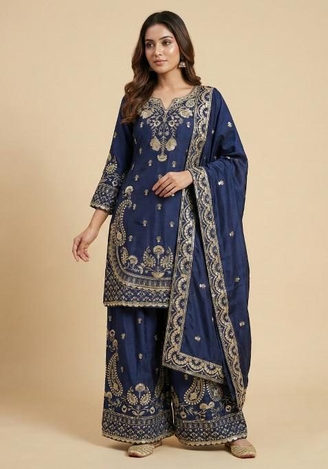 Navy Blue Embroidered Chinon Kurta Set
