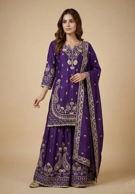Purple Embroidered Chinon Kurta Set