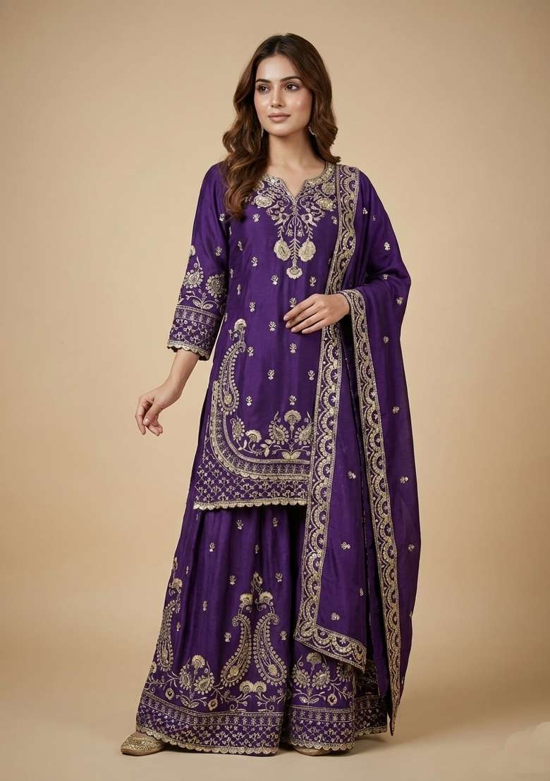 Purple Embroidered Chinon Sharara Set - Indya