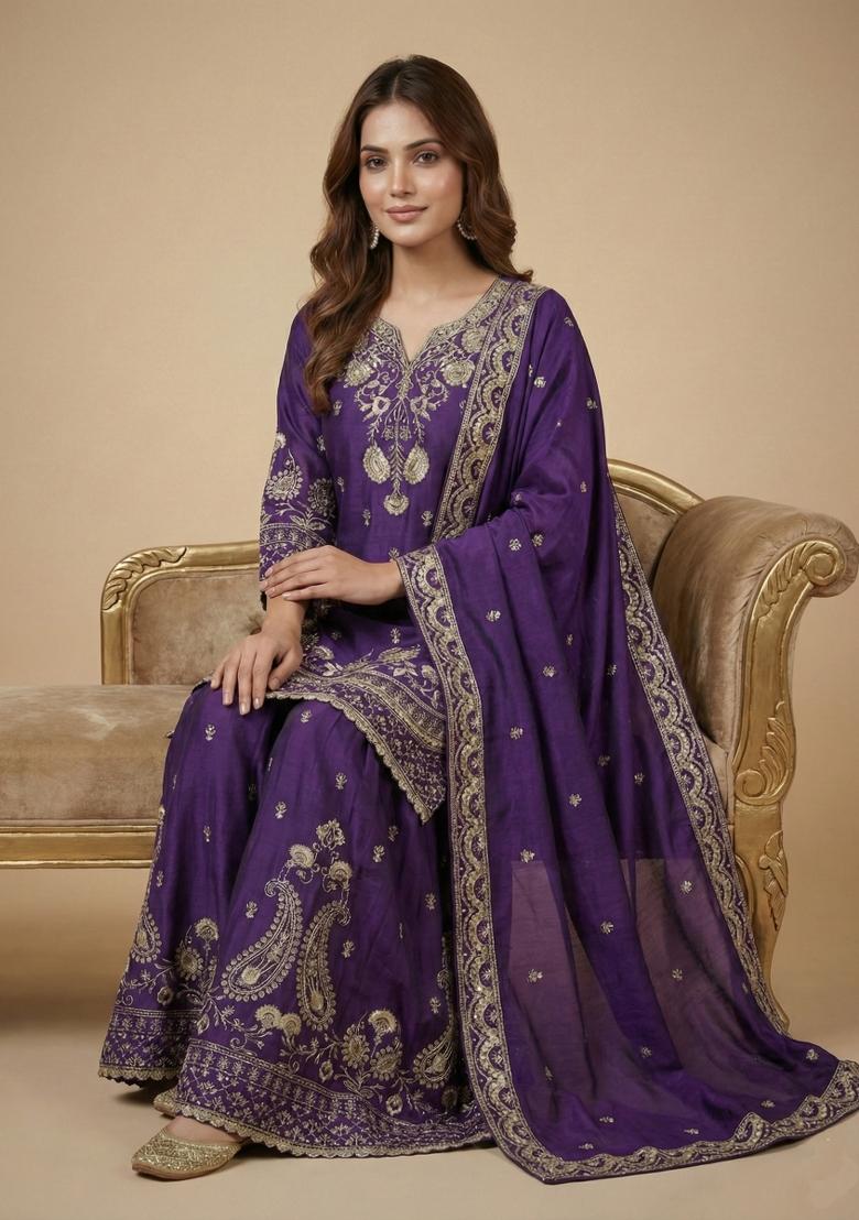Purple Embroidered Chinon Kurta Set - Indya